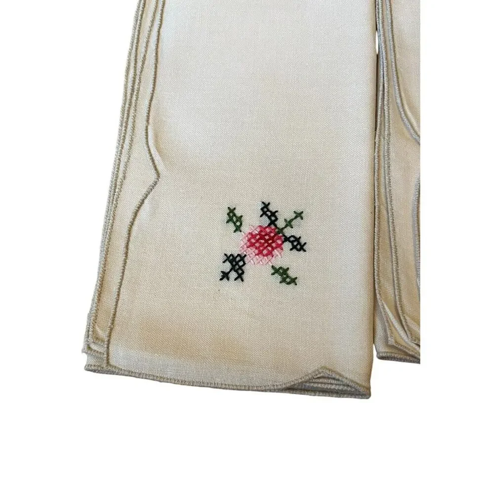 8 VTG Linen Cotton Napkins Embroidered with Pink Flowers Cross Stitch 16 X 16”